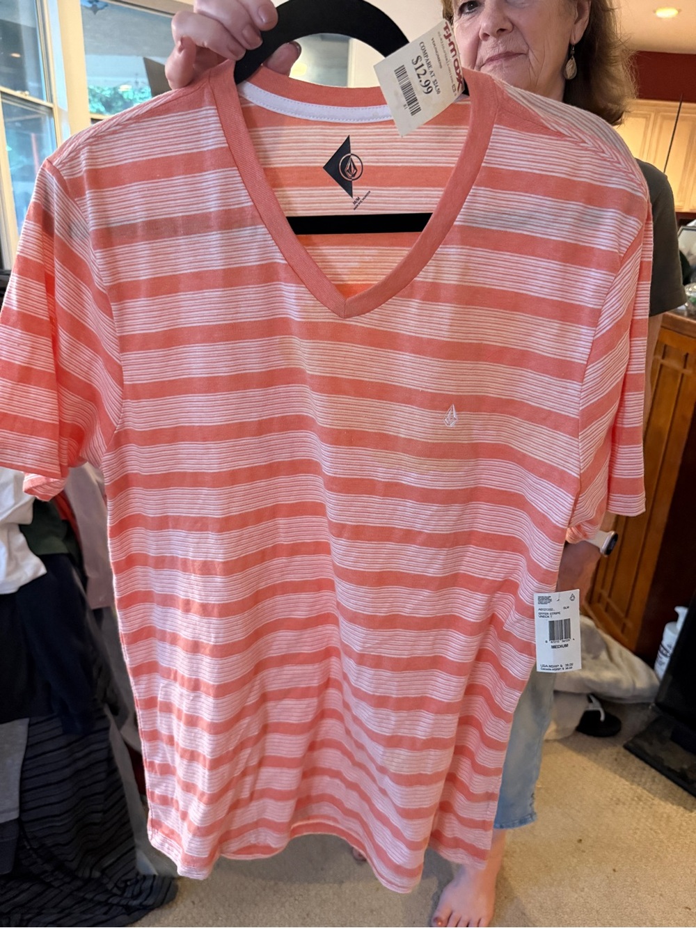 Striped V-Neck Tee in Coral and White